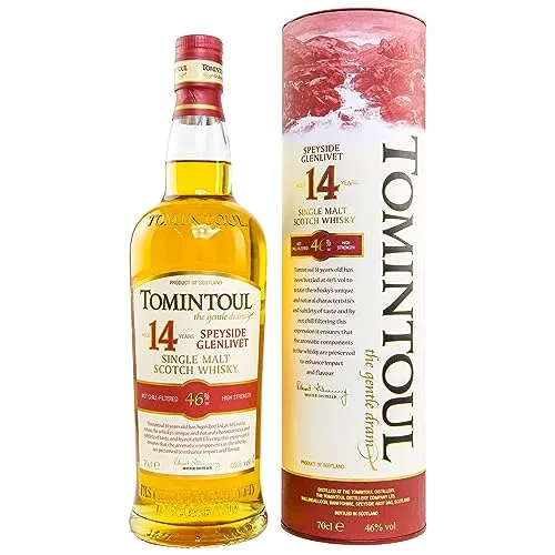 Tomintoul 14 Years Old Single Malt Scotch Whisky 46% Vol. 0,7l - Whisky aus den schottischen Highlands, 14 Jahre in Ex-Bourbonfässern gereift, mit süßen Aromen von Mandeln und Zitrusölen, ideal für Kenner und als Geschenk in einer eleganten Box.