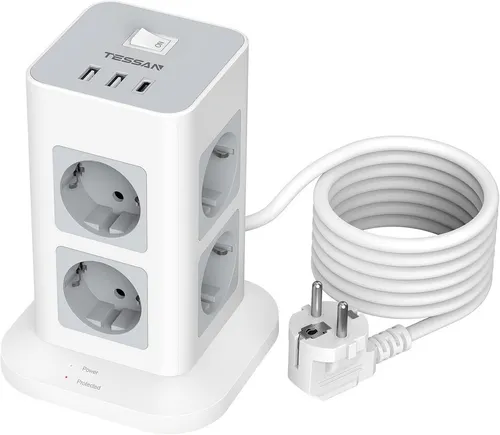 TESSAN Tower Steckdosenleiste mit USB Ladefunktion - Steckdosen & Zubehör: Versorge bis zu 11 Geräte gleichzeitig mit einer praktischen Tower Steckdosenleiste, die 2x USB-A und 1x USB-C bietet - ideal für ein aufgeräumtes Zuhause oder Büro.