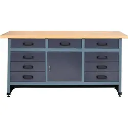 Stabile Werkbank B1700xT600xH840mm mit 9 Schubladen - Werkstatteinrichtung mit robuster Stahlblechkonstruktion, kratzfester Pulverbeschichtung und schmutzabweisender Arbeitsplatte aus Buchenechtholzfurnier. Ideal für Werkstätten und Heimwerker.