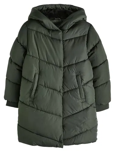 NEXT Mädchen Wasserabweisender Steppmantel Khaki Grün mit Kapuze 116 - Stylischer, wasserabweisender Wintermantel mit weichem Fleece-Futter in den Taschen und warmem Kunstfellfutter. Ideal für kalte Tage.