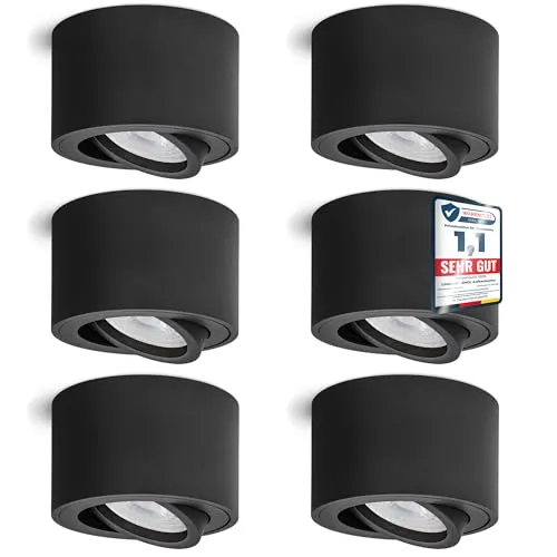 linovum 6 Stück LED Deckenspot SMOL – Flach & Schwenkbar - Moderne Aufputzleuchte in schwarz, extra flach mit nur 50mm – ideal für Küche, Flur oder Wohnzimmer. Inklusive 5W LED Modul für effiziente Beleuchtung, rostfreies Aluminium, keine sichtbaren Schrauben.
