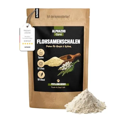 alphazoo Flohsamenschalen gemahlen 250g Hund & Katze I 99% Reinheit, hohe Quellkraft, Vegan & Ballaststoffreich I Indische Psyllium Samenschalen der Flohsamen I Für Magen & Darm bei Durchfall