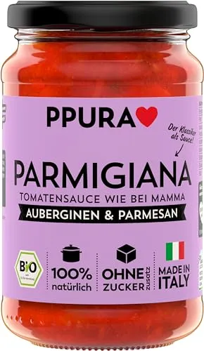 PPURA Tomatensauce Parmigiana 340g – Bio Tomatensoße mit Auberginen & Parmesan, Pasta Sauce mit 100% natürlichen Zutaten, ohne Zucker & Zusatzstoffe, traditionell hergestellt – Made in Italy