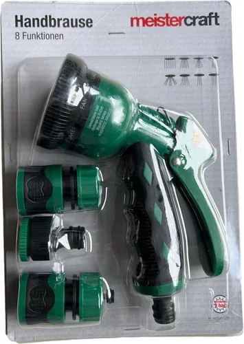 Meistercraft Handbrause 8 Funktionen, Gartenbrause, Spritzpistole 4-tlg., Gartenschlauch Zubehör, Adapter