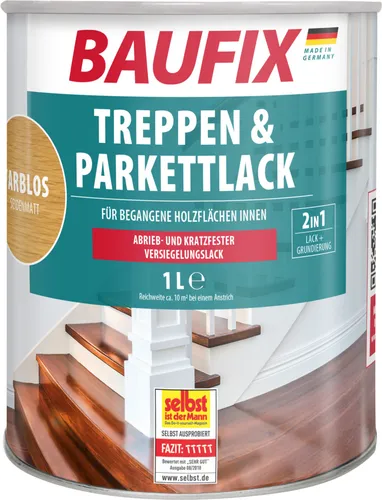 BAUFIX Treppen & Parkettlack farblos seidenmatt, 1 Liter - Lacke für Holzfußböden, schützt mit robuster Oberfläche und ist leicht zu verarbeiten, ideal für den Innenbereich.