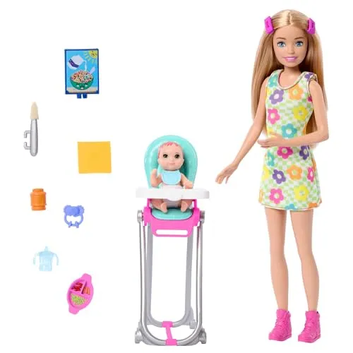 Barbie Anziehpuppe Skipper Babysitters Inc. mit Farbwechseleffekten - Anziehpuppe mit 10-teiligem Spielset, inklusive Hochstuhl und Farbwechseleffekten beim Füttern – ideal für kreatives Rollenspiel!