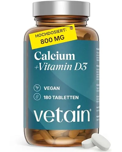 VETAIN Calcium Vitamin D3 Tabletten hochdosiert – 800mg Kalzium + 20µg D3 pro Tag – 180 Tabletten – Calciumcarbonat für Knochen, Zähne & Muskeln* – vegan, ohne Zusätze - Laborgeprüft
