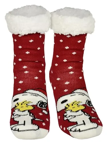 United Labels The Peanuts Snoopy Kuschelsocken für Damen, Rot Weiß, 39-42, flauschige Stoppersocken, Wintersocken, warme Socken, Hüttensocken