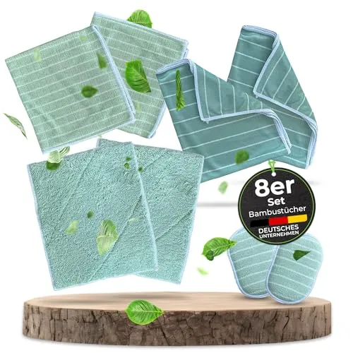 KERA® Bambus Lappen Tücher 8er Set für Fenster Küche Bad | Streifenfrei Fusselfrei Extra Saugstark Nachhaltig | Putztücher + Geschirrtücher + Fenstertücher | 60° waschbar Trockner geeignet