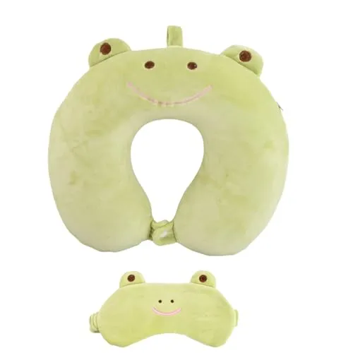 Nackenkissen Kinder, Reisekissen Memory Foam, Ultraweich Waschbar Ergonomisches Nackenstützkissen mit Niedlichem Tier Cartoon Design für Auto, Flugzeug, Büro und Zuhause, mit Schlafmaske (Grün)