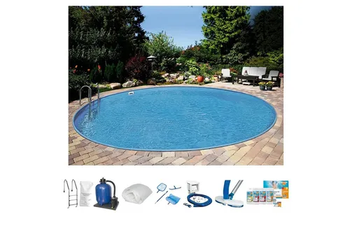 Clear Pool Rundpool PREMIUM IBIZA - Komplett-Set 10-tlg, Ø500x150 cm - Swimmingpool mit umfangreichem Zubehör, ideal für entspannende Sommertage. Robuste Stahlwand und leistungsstarke Sandfilteranlage für kristallklares Wasser.