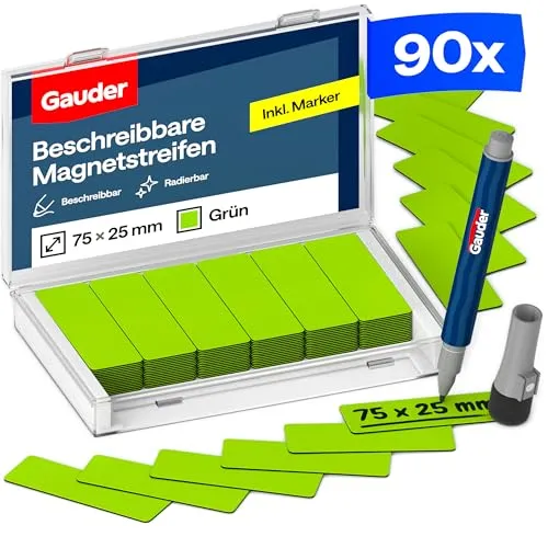 GAUDER Magnetetiketten beschreibbar - Wiederverwendbare Magnetschilder zum Beschriften für Whiteboard, Tafel, Kanban-Board und Kühlschrank - Magnetkarten mit Marker (90 Stück - 75 x 25 mm)