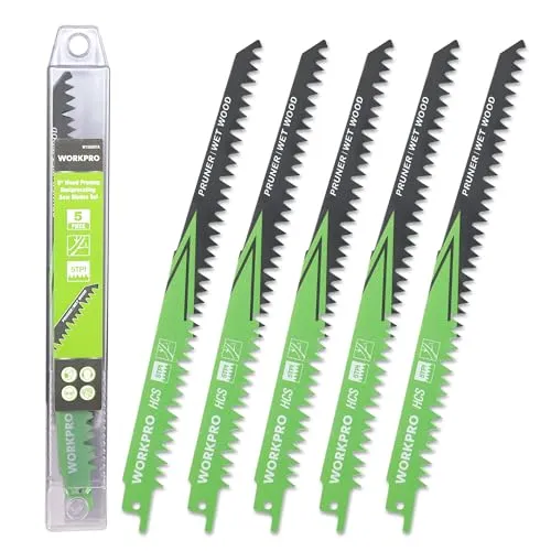 WORKPRO Säbelsägeblätter Set 5-teilig, Sägeblatt 230mm 5TPI aus HCS, zum Schneiden vom Zweigen, Kompatibel mit gängigen Säbelsägen