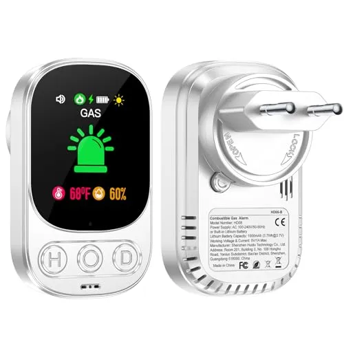 Gedsffati Gasmelder mit Stecker für Haus, Gaswarnmelder Erdgasmelder für Zuhause, Gaswarner für Erdgas LPG Methan Ethan Propan Butan, mit Wiederaufladbarer Batterie, Weiß, HD05-B-0904