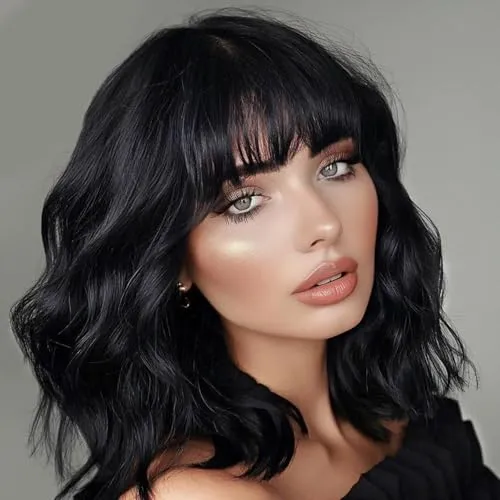 YEESHEDO Perücke Schwarz Damen Kurz Bob mit Pony Lockig Natürlich Perücken für Frauen Cosplay Perrucke Wig 14 Zoll