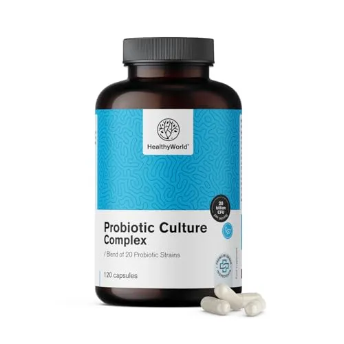 HealthyWorld Probiotic Culture - Komplex Mikrobiologischer Kulturen - 120 Pflanzliche Kapseln - Darmflora, Verdauungsunterstützung - 20 Milliarden KBE pro Tagesdosis - 2 Monate Vorrat