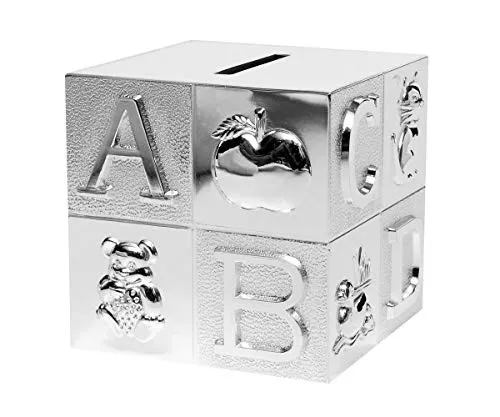 Brillibrum Design Kinderspardose Silber glänzend - Spardose in Würfelform mit Buchstaben & Tieren, versilbert und anlaufgeschützt. Ideal als Geschenk zur Einschulung, fördert das Sparen und das Erlernen des ABCs.