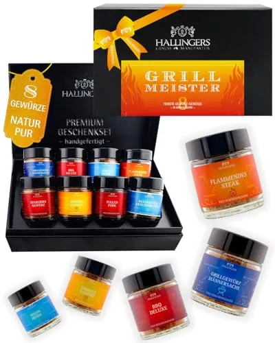 Hallingers Genuss Manufaktur BBQ Grillgewürze Geschenkset - 8 kräftige Gewürze zum Grillen & BBQ in edler Geschenkbox, Gewürze Set