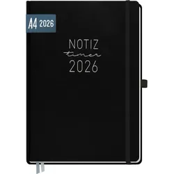Wochen-Notiz-Timer Maxi 2026 - A4 Schwarz - Organizer für 2026 mit Kalenderwochen und viel Platz für Notizen. Inkl. Gummiband, Stiftschlaufe und Einstecktasche – ideal für eine perfekte Planung!