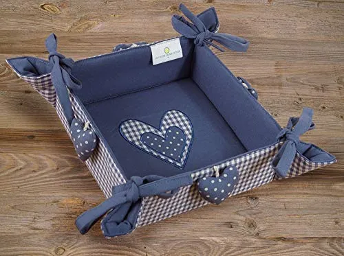 Brotkorb Stoff LINA 20x20 cm - Eckiger Brötchenkorb in blau mit Herzen & kariert - Nachhaltig aus 100% Baumwolle, waschbar bei 30°, Landhausstil für Brot, Brötchen, Gebäck oder Tischdekoration