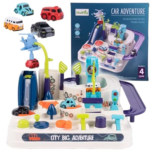 MalPlay Autos Rennstrecken-Spielzeug interaktives Parken Rutsche Lift Helikopter mit Zuberhor Kleinkinder ab 3 Jahre Jungen Mädchen Montessori Frühpädagogisches Toys
