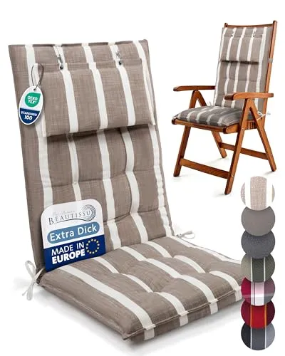 Beautissu 7er Set Premium Hochlehner Auflage Kopfpolster 120x50cm Sun-HL – 8cm Dick Polster Gartenstuhlauflage rutschfest Befestigungsbänder UV-Lichtechtheit 5 – Robust Stoff Beige Weiß gestreift