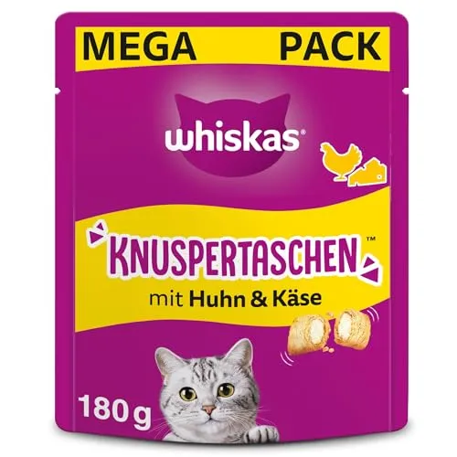 Whiskas Knuspertaschen Katzensnack mit Huhn & Käse, 4er Pack - Knusprige Katzensnacks mit cremigem Kern in 4 köstlichen Geschmacksrichtungen. Ideal für erwachsene Katzen, angereichert mit Vitaminen und ohne künstliche Aromen. Ein Genuss, den Ihre Katze lieben wird!