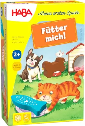 HABA Meine ersten Spiele - Fütter Mich - Gesellschaftsspiel für 1-5 Spieler ab 2 Jahren, fördert Regelverständnis und Auge-Hand-Koordination durch niedliche Holzfiguren und verschiedene Spielvarianten.
