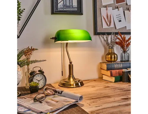 Hofstein Tischleuchte im Vintage-Design - Elegante Tischlampe aus Metall und Glas in Altmessing und Grün, ideal für Schreibtische und gemütliche Räume. Mit Zugschalter für praktischen Einsatz, ohne Leuchtmittel.