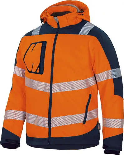 vizwell Softshelljacke Herren Warnschutz - Robuste Winterjacke mit Kapuze - Zertifizierte Softshelljacke für den professionellen Einsatz. Robustes 3-Lagenmaterial bietet wärmenden Kälteschutz und hohe Dehnbarkeit. Ideal für kalte Arbeitsbedingungen.
