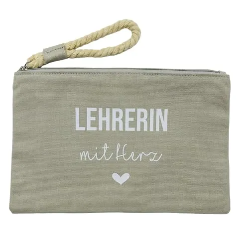 NeLi Lehrerin mit Herz Tasche mit Henkel, Geschenk für Lehererinnen, kleines Dankeschön Abschiedsgeschenk hellgrau