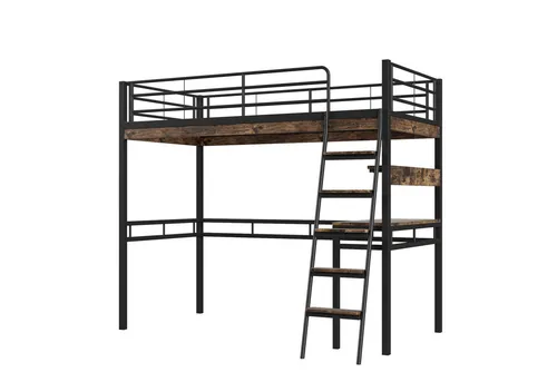 Odikalo Hochbett Jugendbett Schreibtisch Regale Geländer Schwarz 90*200cm Ohne Matratze