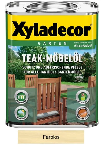 Xyladecor Teak-Möbelöl 0,75 l - Farblos für Hartholz - Holzöle für die Pflege und Restaurierung von Teak-Möbeln, schützt effektiv vor Witterungseinflüssen und erhält die natürliche Schönheit des Holzes.