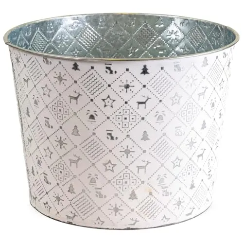 Runder Pflanztopf Winterdeko, Pflanzkübel in Ø 25 x 19 cm, Silber - Metall Pflanzschale als Weihnachtsdeko - Dekorative Blumenschale für Zimmerpflanzen, Blumentopf für Fensterbank oder Garten