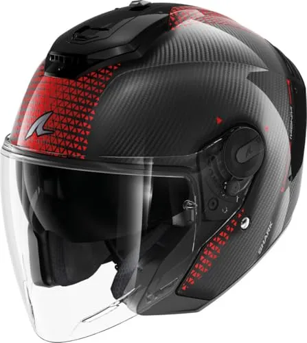 Shark RS Jet Carbon Ikonik Jethelm, schwarz-rot, Größe L für Männer - Motorradhelm mit Karbon-Schale und kratzfestem Visier, ideal für Sicherheit und Stil auf der Straße.