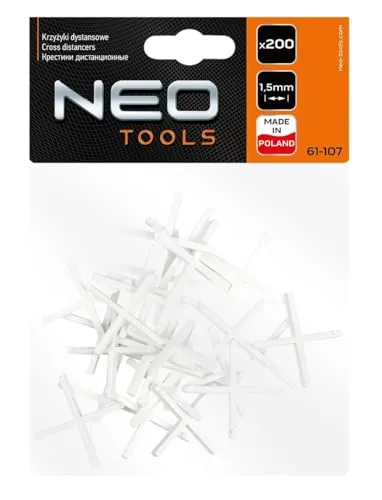 NEO TOOLS Fliesenkreuze aus Kunststoff, 7 Größen, 1-5 mm, 100/150/200 Stück, universelles, wiederverwendbares, gleichmäßige Abstände zwischen den Fliesen (200, 1,5mm)
