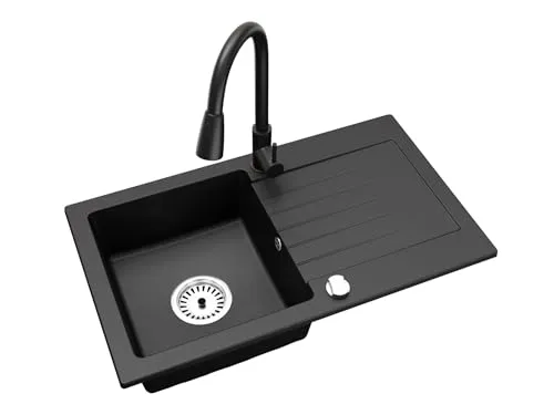 Faizee Granitspüle 75 x 44 cm Nachtschwarz mit Armatur Wave - Becken aus kratzfestem und hitzebeständigem Granit, beidseitig montierbar und ideal für moderne Küchen. Hygienisch mit porenfreier Oberfläche und eleganter Abtropffläche.