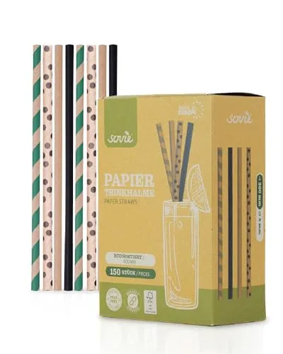 Mank Trinkhalme aus Papier, Papiertrinkhalme, Papier, Pappe Strohhalm Umweltfreundlich, Robust & Vielseitig einsetzbar, Strohhalme (150, ECO Punkte-farbig-Streifen, Ø 8 mm / 20 cm)