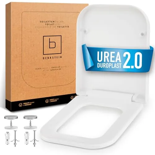 BENKSTEIN WC-Sitz E-Form mit Softclose & Quick Release - Hochwertiger Toilettensitz aus Duroplast mit antibakteriellen Eigenschaften. Soft-close-Funktion für leises Schließen und einfache Montage mit stabilen Edelstahlscharniere. Ideal für alle E-förmigen Toiletten.