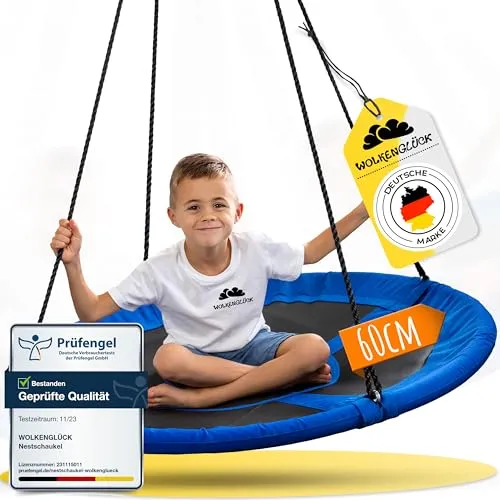 WOLKENGLÜCK® Nestschaukel Ø 60 cm - Höhenverstellbare Schaukel für drinnen und draußen - Schaukeln für Kinder und Erwachsene bis 150 kg, mit reißfesten Seilen und bequemen Schaukelnest für maximalen Komfort und Spaß im Garten oder Kinderzimmer.