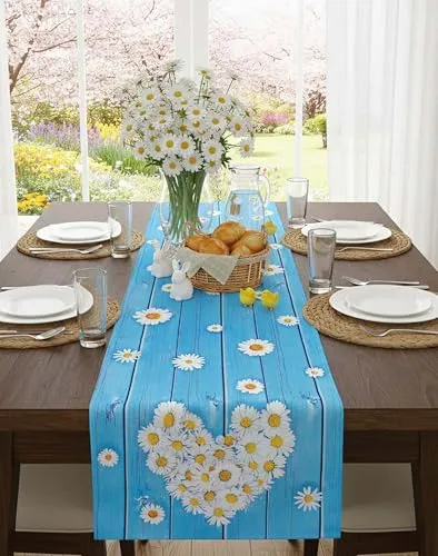 KAMACA Tischläufer Blauer Tischläufer mit Margeriten & Blumenmotiv, Tischdeko für Frühling & Sommer, Tischwäsche für Küche, Esstisch, Wohnzimmer & Sideboard ganzjährig (40x140 cm Margeriten)