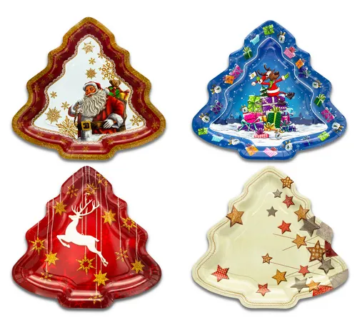 Weihnachtsteller 4er-Set, Pappteller, Geschenke- und Gebäckteller,Tannenbaumform
