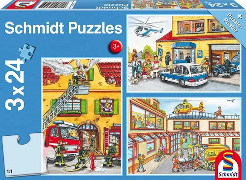 SCHMIDT - 3 Puzzles 24 Teile Feuerwehr und Polizist mit Poster -  - SCM56215