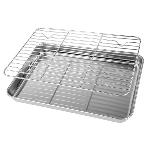 Gardenko Backblech mit Abkühlgitter – Edelstahl 304 (18/8), rechteckige Backform 26x20x2,5 cm – spülmaschinenfest, gesund & ungiftig – Ofenblech-Set mit Auskühlgitter