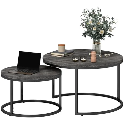 Homcom Couchtisch-Set Dunkelgrau - Stilvolles 2er-Set Couchtische aus Metall und Holzoptik, platzsparend ineinander schiebbar - ideal für Wohnzimmer und vielseitige Nutzung.