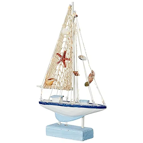 Cepewa Segelboot LED auf Sockel zum Aufstellen │ blau weiß Natur H41cm 30LEDs warmweiß Maritime Dekoration │ Segelschiff Holzboot (1 x LED Segelboot H41cm)