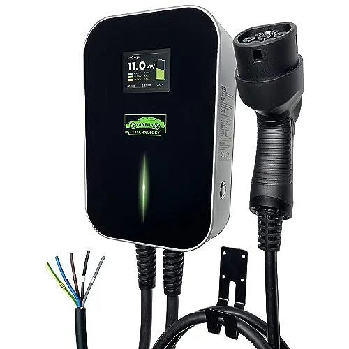 ANFIL® Dreiphasige EV Ladestation Typ 2 [Für Schnellladungen] – Wallbox mit 6,1m Kabel (IP66 Gehäuse) – inkl. LCD-Display – Elektroauto Ladegerät (11kW)