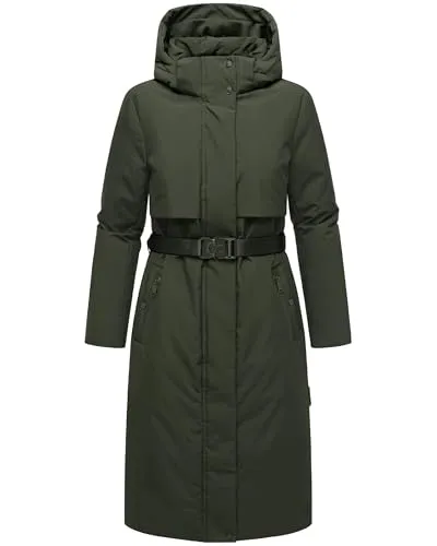 Navahoo Damen Wintermantel Waldbummler 14 Dark Olive XL - Funktionsjacke mit warmer, wasserabweisender Eigenschaft und abnehmbarer Kapuze. Ideal für kalte Tage in der City, elegant geschnitten und komfortabel ausgestattet.