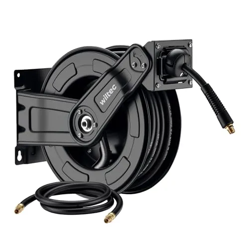 Wiltec Druckluft Schlauchtrommel 15 m - Schlauchaufroller mit 15 m Schlauchlänge, robustem Stahlgehäuse und 20 bar Druck für effiziente Nutzung in Werkstätten und Industrie.