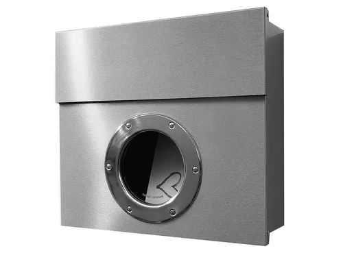 Radius Briefkasten Letterman 1 I - Eleganter Wand-Briefkasten aus rostfreiem Edelstahl mit Bullauge, großzügigem Fassungsvermögen von 15 Litern und inklusive Namensschild. Ideal für große Postmengen und edles Design. Made in Germany.